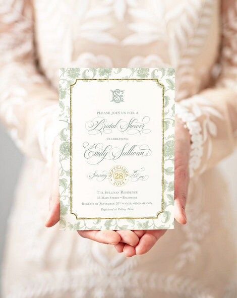 Sage Green Chinoiserie Bridal Shower Invitations - Interlocking Monogram Invite - Bridal Brunch - Bridesmaids Luncheon - Green and White (10 printed invitations | Plain White Envelopes)