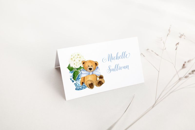 Printed Escort Cards for Baby Boy Shower - Chinoiserie Bear Hydrangea Place Cards - Classic Blue and White - Boy Baby Sprinkle (10 escort cards)