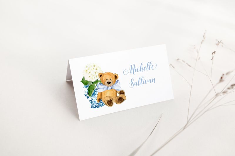 Printed Escort Cards for Baby Boy Shower - Chinoiserie Bear Hydrangea Place Cards - Classic Blue and White - Boy Baby Sprinkle (10 escort cards)