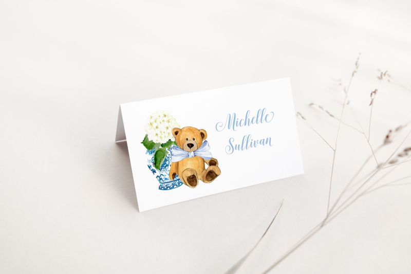 Printed Escort Cards for Baby Boy Shower - Chinoiserie Bear Hydrangea Place Cards - Classic Blue and White - Boy Baby Sprinkle (10 escort cards)