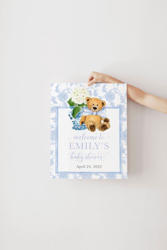Chinoiserie Teddy Bear Sign - Baby Shower Welcome Sign - Ginger Jar Sign - Classic Blue and White Shower - Boy Baby Shower - 18x24" Welcome
