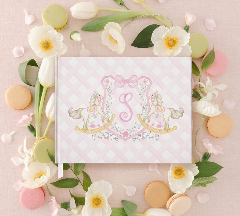 Rocking Horse Girl Baby Shower Guest Book - Classic Monogram Crest - Pastel Pink Baby Sprinkle Book - Baby Girl Guest Book Monogram (A)