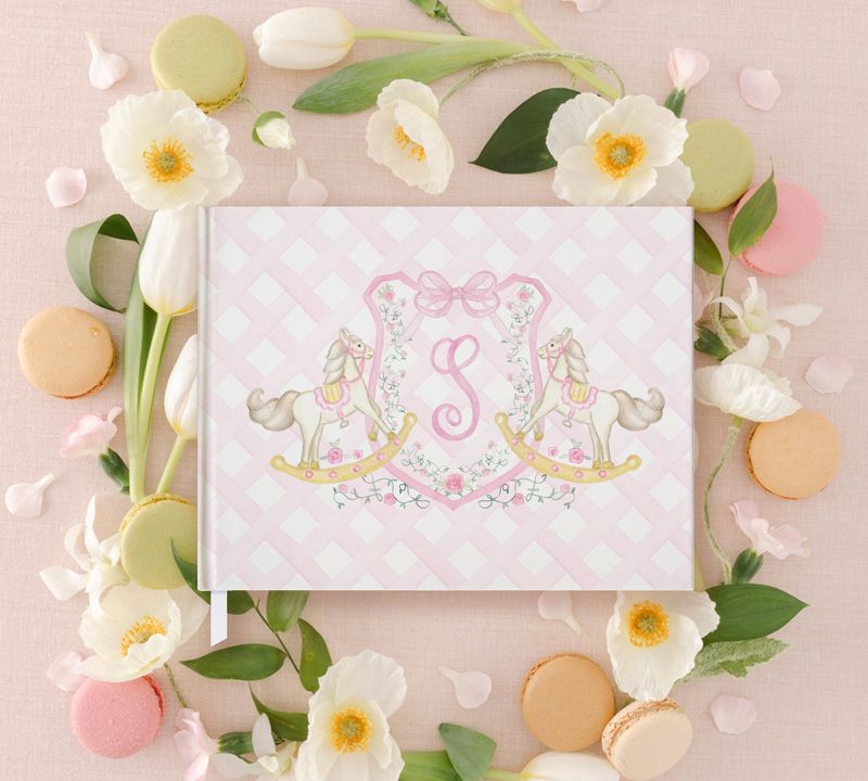 Rocking Horse Girl Baby Shower Guest Book - Classic Monogram Crest - Pastel Pink Baby Sprinkle Book - Baby Girl Guest Book Monogram (A)