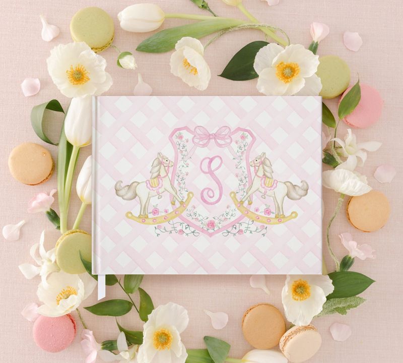 Rocking Horse Girl Baby Shower Guest Book - Classic Monogram Crest - Pastel Pink Baby Sprinkle Book - Baby Girl Guest Book Monogram (A)