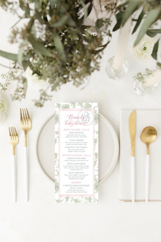 Printed Menu Cards for Girl Baby Shower, Pink and Sage Green Girl Baby Shower Sprinkle, Garden Party, Birthday Party, Bridesmaid Luncheon (JPG one per page)