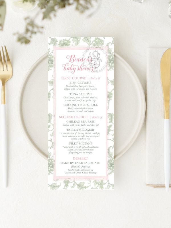 Printed Menu Cards for Girl Baby Shower, Pink and Sage Green Girl Baby Shower Sprinkle, Garden Party, Birthday Party, Bridesmaid Luncheon (JPG one per page)
