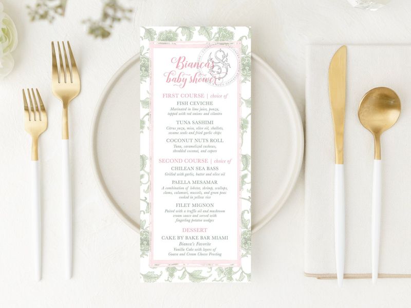 Printed Menu Cards for Girl Baby Shower, Pink and Sage Green Girl Baby Shower Sprinkle, Garden Party, Birthday Party, Bridesmaid Luncheon (JPG one per page)