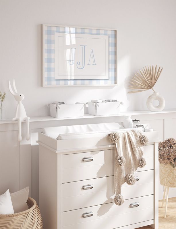 Boy Monogram Wall Art for Nursery - Printed Monogram Boy Room Decor - Baby Boy Nursery - Blue Gingham Monogram Print (5x7, Landscape)