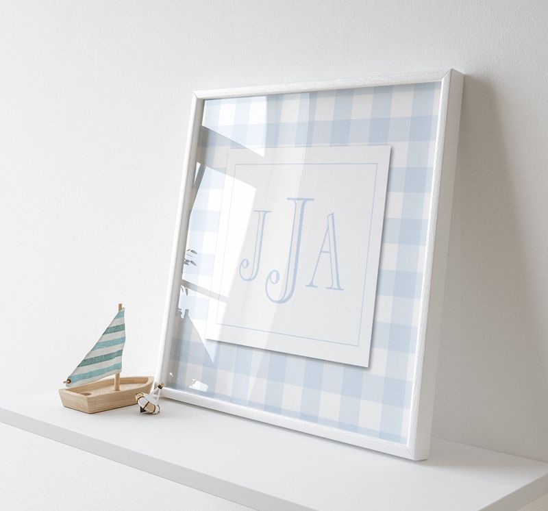 Boy Monogram Wall Art for Nursery - Printed Monogram Boy Room Decor - Baby Boy Nursery - Blue Gingham Monogram Print (5x7, Landscape)