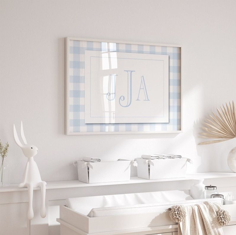 Boy Monogram Wall Art for Nursery - Printed Monogram Boy Room Decor - Baby Boy Nursery - Blue Gingham Monogram Print (5x7, Landscape)