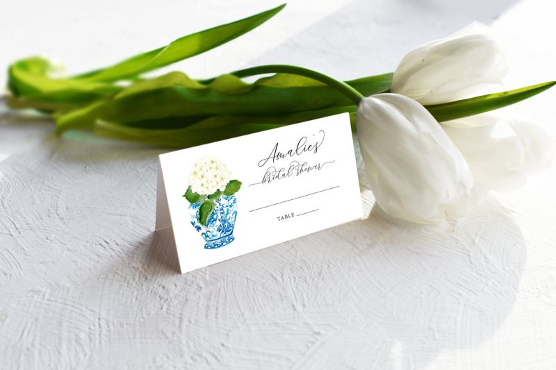 Chinoiserie Hydrangea Escort Cards - Place Cards - Blue and White (20 escort cards)
