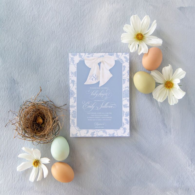 Boy Baby Shower Invitation, Chinoiserie Invite, Preppy Southern, Blue Monogram Bow Graphic, Classic Heirloom Bow, Sip and See Invites (10 printed invitations)