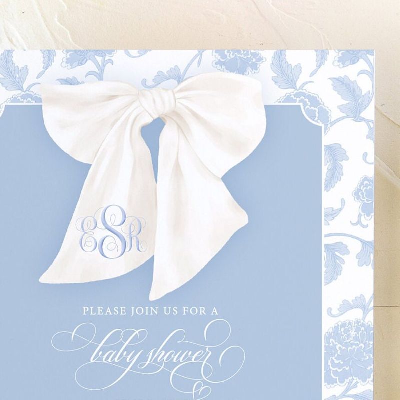 Boy Baby Shower Invitation, Chinoiserie Invite, Preppy Southern, Blue Monogram Bow Graphic, Classic Heirloom Bow, Sip and See Invites (10 printed invitations)