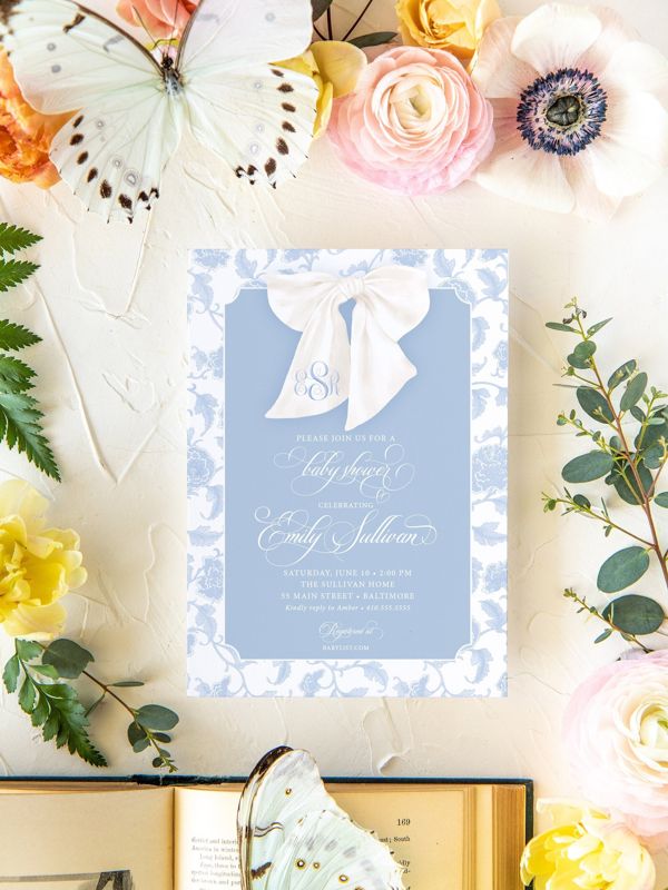 Boy Baby Shower Invitation, Chinoiserie Invite, Preppy Southern, Blue Monogram Bow Graphic, Classic Heirloom Bow, Sip and See Invites (10 printed invitations)