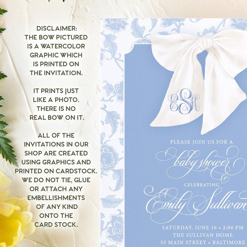 Boy Baby Shower Invitation, Chinoiserie Invite, Preppy Southern, Blue Monogram Bow Graphic, Classic Heirloom Bow, Sip and See Invites (10 printed invitations)