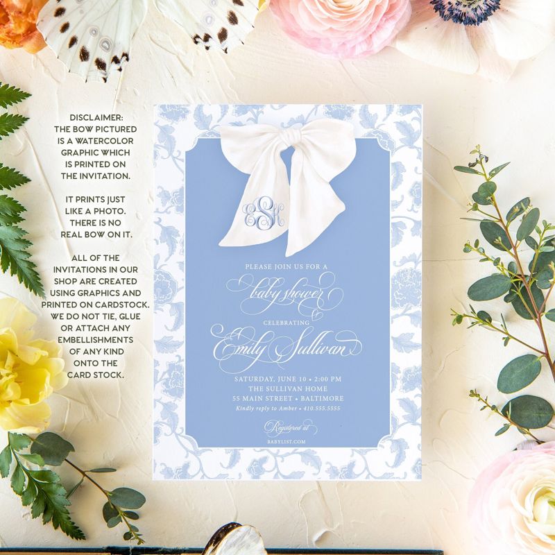 Boy Baby Shower Invitation, Chinoiserie Invite, Preppy Southern, Blue Monogram Bow Graphic, Classic Heirloom Bow, Sip and See Invites (10 printed invitations)