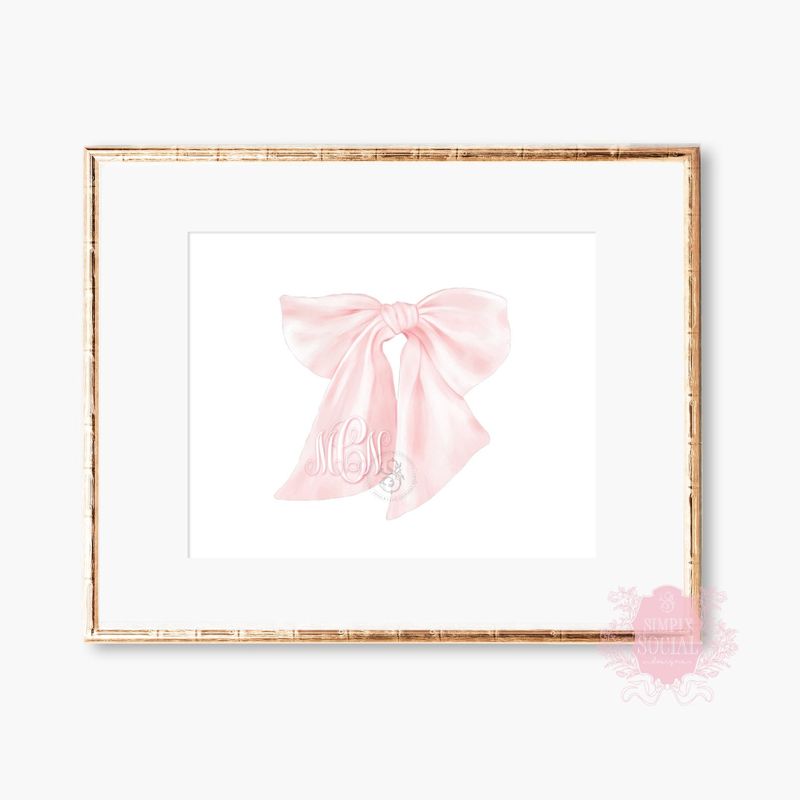 Monogram Pink Bow Wall Art for Nursery - Printed Fancy Pink Bow Monogram - college dorm Room Decor - Baby Girl Grandmillenial Girls Room (5x7 | Landscape)
