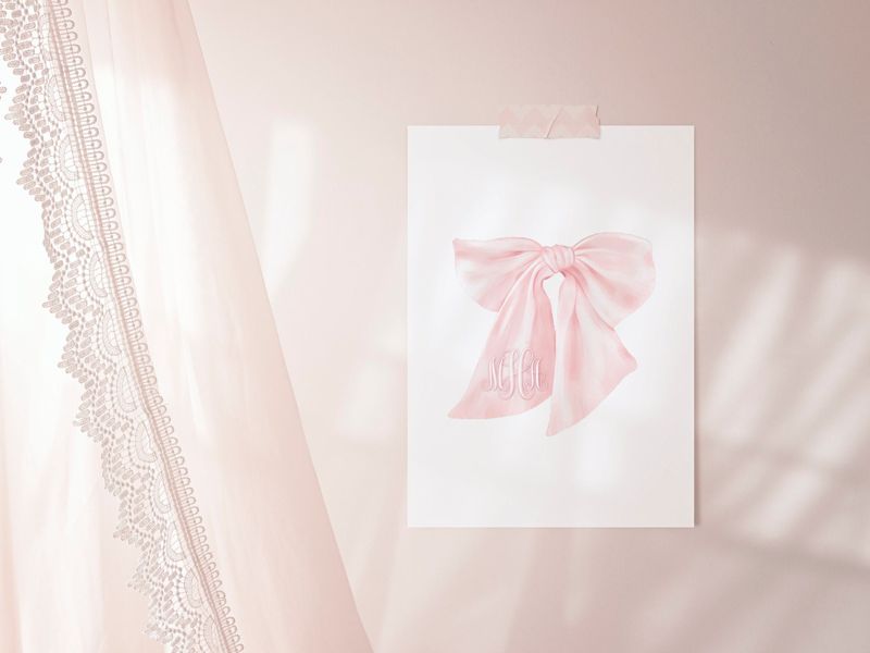 Monogram Pink Bow Wall Art for Nursery - Printed Fancy Pink Bow Monogram - college dorm Room Decor - Baby Girl Grandmillenial Girls Room (5x7 | Landscape)