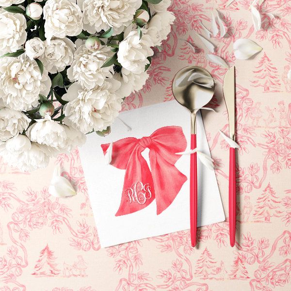 Red Bow Cocktail Napkins - Personalized Monogram Christmas Bow Paper Napkins - Baby shower Napkins - Holiday Party Custom Cocktail Napkins (100 Printed Napkins | Cocktail 4.75")