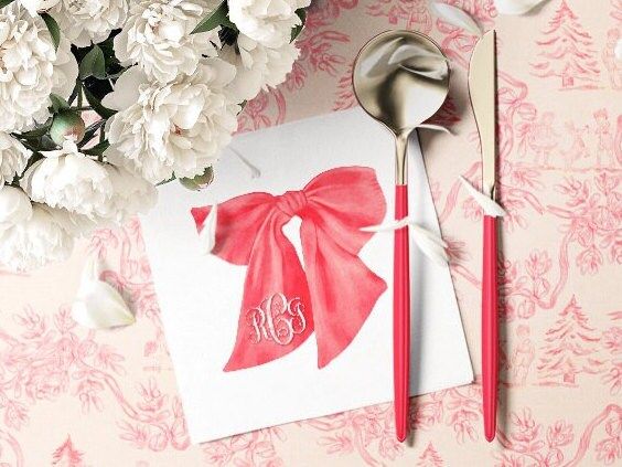 Red Bow Cocktail Napkins - Personalized Monogram Christmas Bow Paper Napkins - Baby shower Napkins - Holiday Party Custom Cocktail Napkins (100 Printed Napkins | Cocktail 4.75")