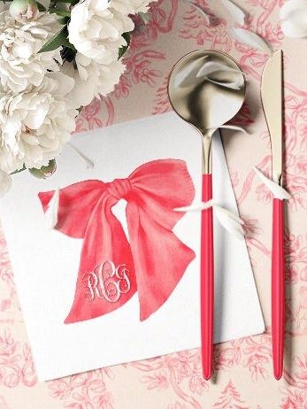 Red Bow Cocktail Napkins - Personalized Monogram Christmas Bow Paper Napkins - Baby shower Napkins - Holiday Party Custom Cocktail Napkins (100 Printed Napkins | Cocktail 4.75")