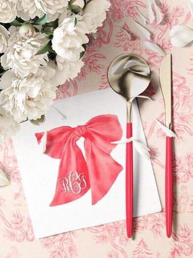 Red Bow Cocktail Napkins - Personalized Monogram Christmas Bow Paper Napkins - Baby shower Napkins - Holiday Party Custom Cocktail Napkins (100 Printed Napkins | Cocktail 4.75")