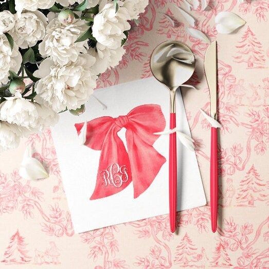 Red Bow Cocktail Napkins - Personalized Monogram Christmas Bow Paper Napkins - Baby shower Napkins - Holiday Party Custom Cocktail Napkins (100 Printed Napkins | Cocktail 4.75")