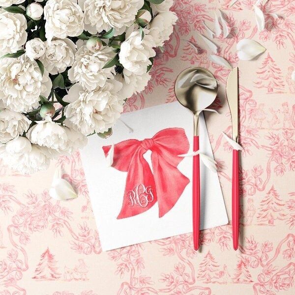 Red Bow Cocktail Napkins - Personalized Monogram Christmas Bow Paper Napkins - Baby shower Napkins - Holiday Party Custom Cocktail Napkins (100 Printed Napkins | Cocktail 4.75")