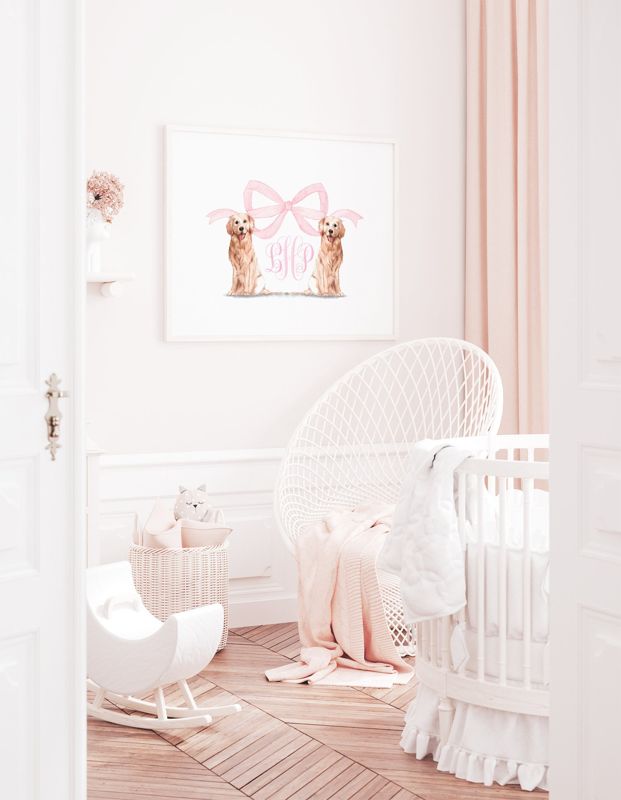 Pink Monogram Crest Wall Art for Nursery - Baby Girl Nursery - Golden Retriever Art Print Girl Room Decor - Grandmillenial Girls Room (5x7 | Portrait)