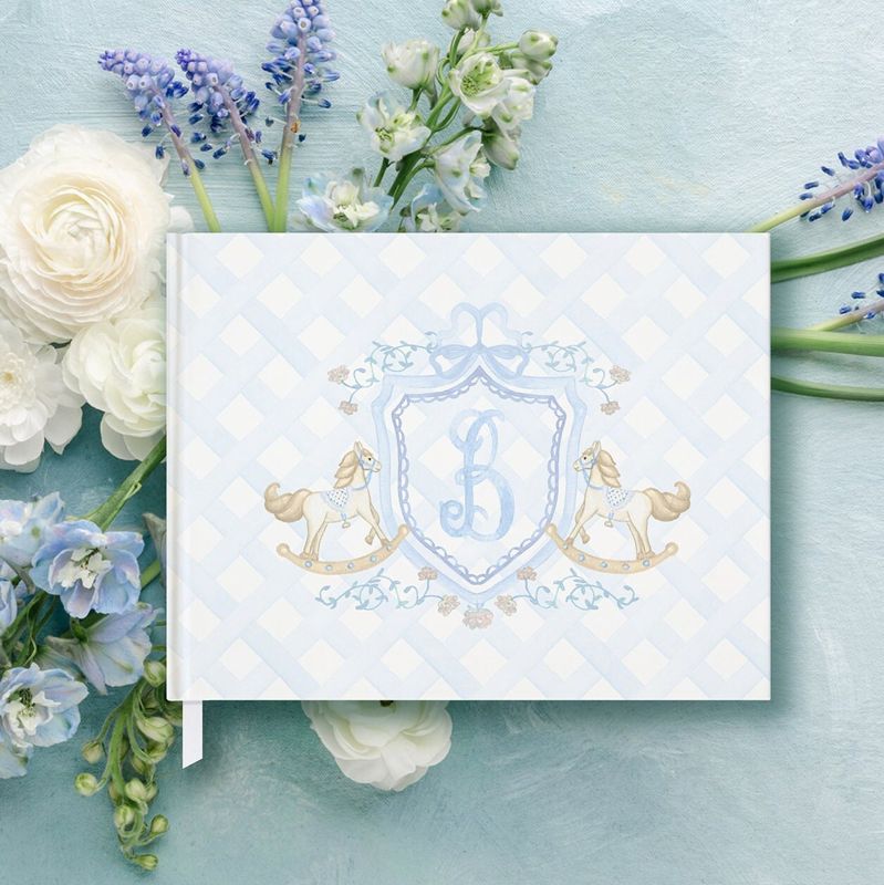 Rocking Horse Boy Baby Shower Guest Book - Classic Monogram Crest - Pastel Blue Gingham Book - Baby Boy Sprinkle Guest Book Monogram (A)