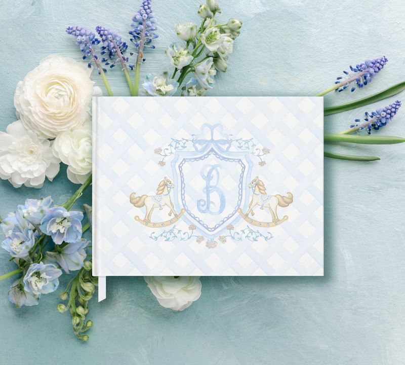 Rocking Horse Boy Baby Shower Guest Book - Classic Monogram Crest - Pastel Blue Gingham Book - Baby Boy Sprinkle Guest Book Monogram (A)