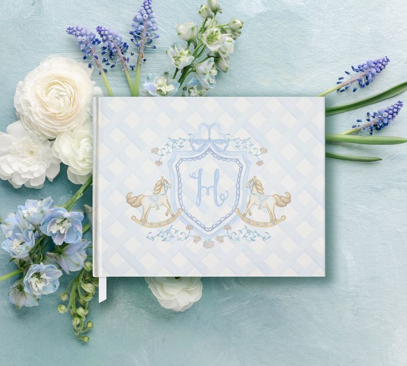 Rocking Horse Boy Baby Shower Guest Book - Classic Monogram Crest - Pastel Blue Gingham Book - Baby Boy Sprinkle Guest Book Monogram (A)