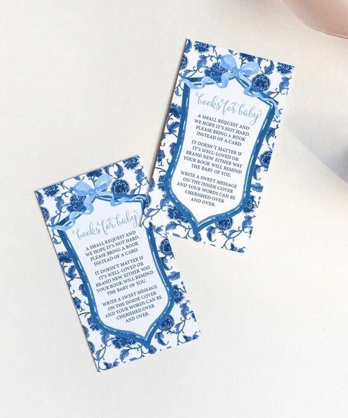 Book Request Insert Cards Printed - Chinoiserie Baby Shower - Book Instead of a Card - Boy Baby Shower with Blue Bow (20 printed cards)