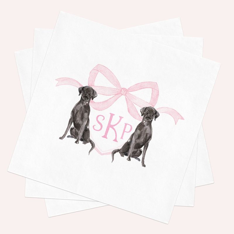 Printed Napkins for Baby Shower - Monogram Crest Paper Napkin - Personalized Napkin for Baby Girl Sprinkle - Labrador Cocktail Napkins (100 Printed Napkins | Black Labrador)