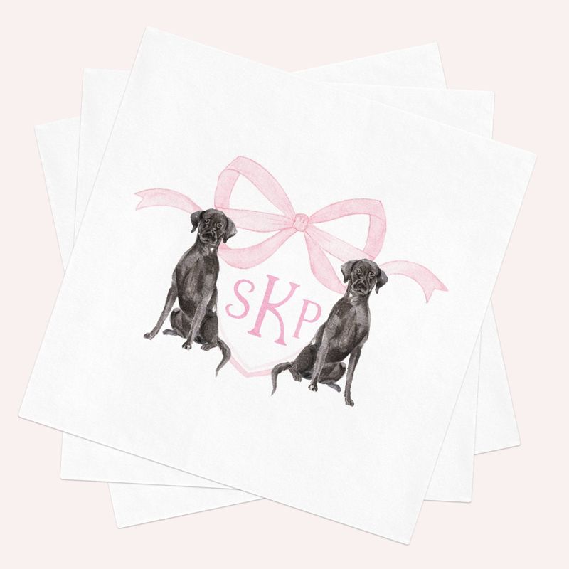 Printed Napkins for Baby Shower - Monogram Crest Paper Napkin - Personalized Napkin for Baby Girl Sprinkle - Labrador Cocktail Napkins (100 Printed Napkins | Black Labrador)