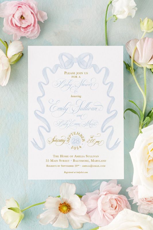 Baby Shower Invitations for Boy, Baby Boy Sprinkle Invites, Blue Bow, Grandmillenial Bridal Shower, Classic Girl Birthday, Bridal Luncheon (10 printed invitations | Plain White Envelopes)