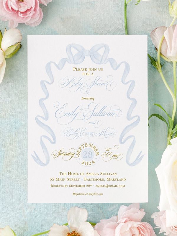 Baby Shower Invitations for Boy, Baby Boy Sprinkle Invites, Blue Bow, Grandmillenial Bridal Shower, Classic Girl Birthday, Bridal Luncheon (10 printed invitations | Plain White Envelopes)