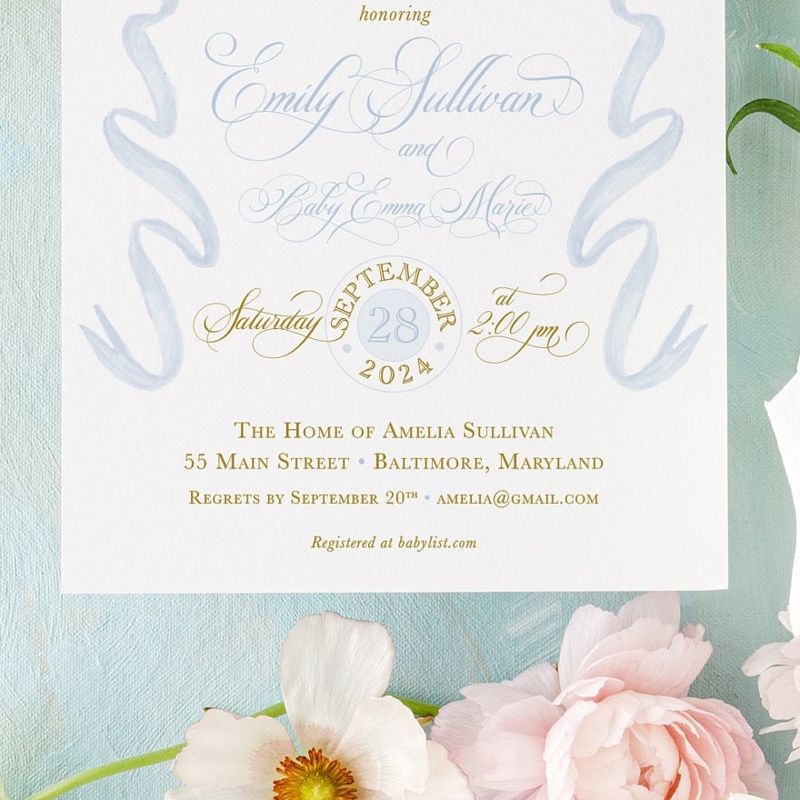 Baby Shower Invitations for Boy, Baby Boy Sprinkle Invites, Blue Bow, Grandmillenial Bridal Shower, Classic Girl Birthday, Bridal Luncheon (10 printed invitations | Plain White Envelopes)