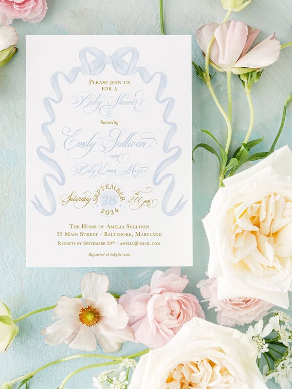 Baby Shower Invitations for Boy, Baby Boy Sprinkle Invites, Blue Bow, Grandmillenial Bridal Shower, Classic Girl Birthday, Bridal Luncheon (10 printed invitations | Plain White Envelopes)