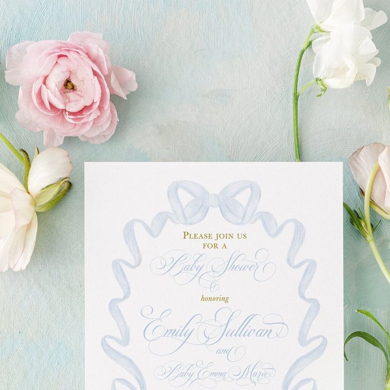 Baby Shower Invitations for Boy, Baby Boy Sprinkle Invites, Blue Bow, Grandmillenial Bridal Shower, Classic Girl Birthday, Bridal Luncheon (10 printed invitations | Plain White Envelopes)