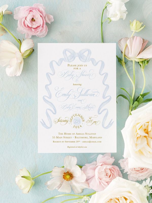 Baby Shower Invitations for Boy, Baby Boy Sprinkle Invites, Blue Bow, Grandmillenial Bridal Shower, Classic Girl Birthday, Bridal Luncheon (10 printed invitations | Plain White Envelopes)