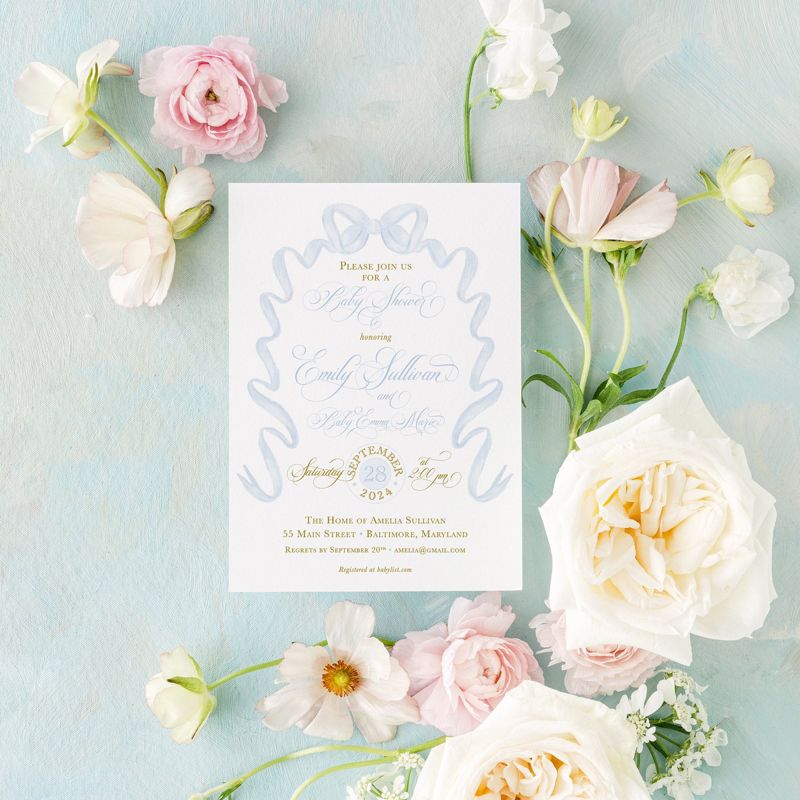 Baby Shower Invitations for Boy, Baby Boy Sprinkle Invites, Blue Bow, Grandmillenial Bridal Shower, Classic Girl Birthday, Bridal Luncheon (10 printed invitations | Plain White Envelopes)