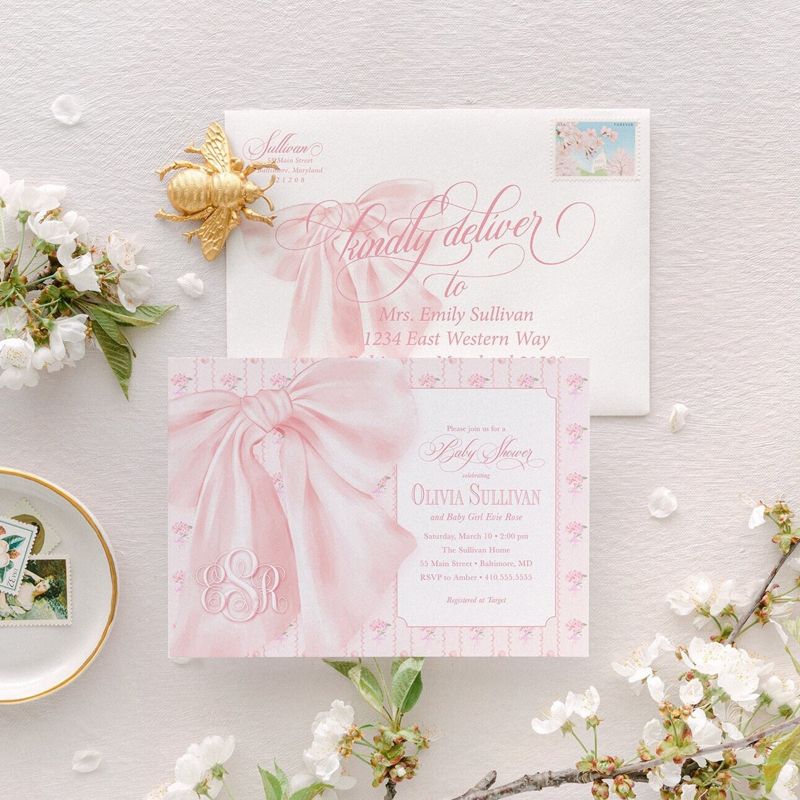 Fancy Pink Bow Baby Girl Shower Invitations - Whimsical Baby Sprinkle - Monogram Pink Bow, Hydrangea Girl Baby Shower (10 printed invitations, Plain White Envelopes)