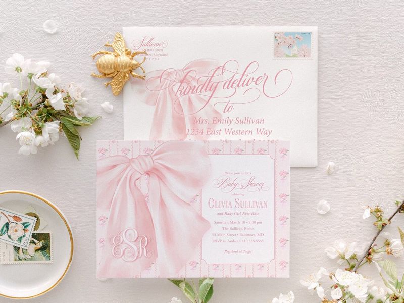 Fancy Pink Bow Baby Girl Shower Invitations - Whimsical Baby Sprinkle - Monogram Pink Bow, Hydrangea Girl Baby Shower (10 printed invitations, Plain White Envelopes)
