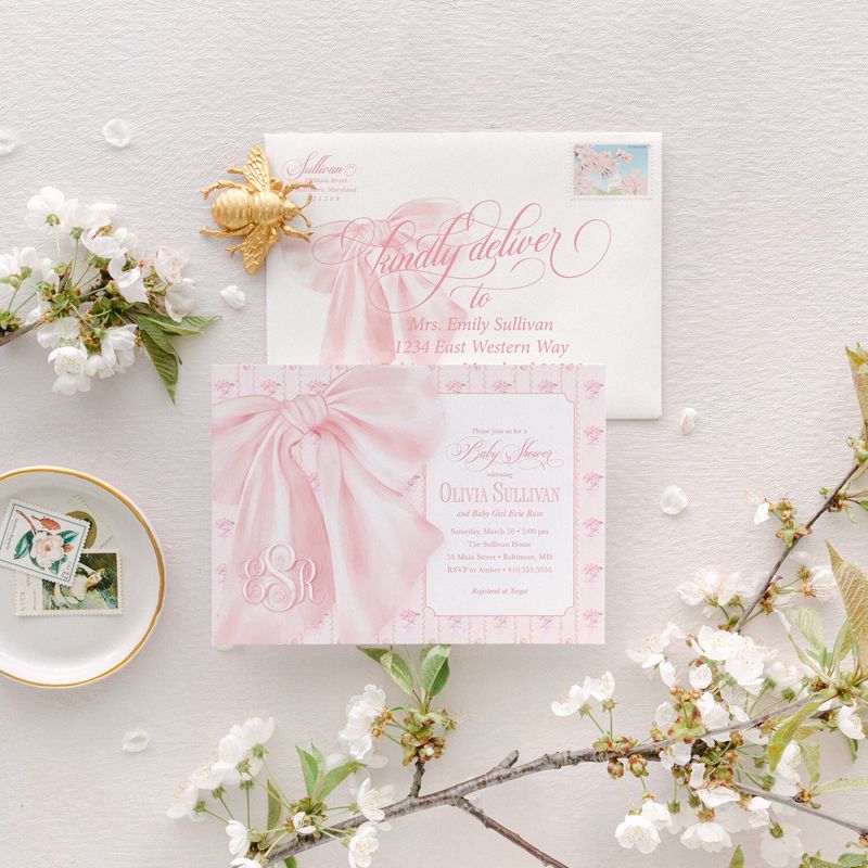 Fancy Pink Bow Baby Girl Shower Invitations - Whimsical Baby Sprinkle - Monogram Pink Bow, Hydrangea Girl Baby Shower (10 printed invitations, Plain White Envelopes)