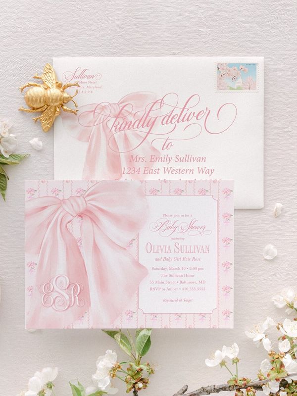 Fancy Pink Bow Baby Girl Shower Invitations - Whimsical Baby Sprinkle - Monogram Pink Bow, Hydrangea Girl Baby Shower (10 printed invitations, Plain White Envelopes)