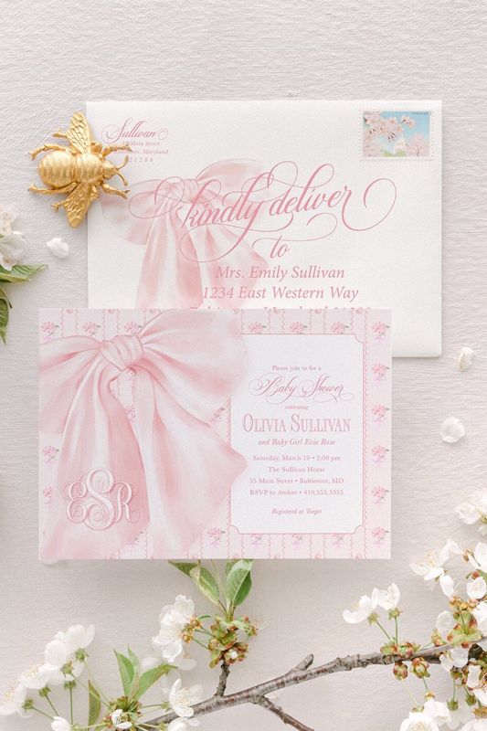 Fancy Pink Bow Baby Girl Shower Invitations - Whimsical Baby Sprinkle - Monogram Pink Bow, Hydrangea Girl Baby Shower (10 printed invitations, Plain White Envelopes)