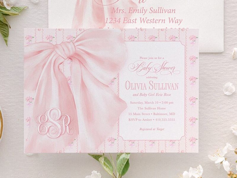 Fancy Pink Bow Baby Girl Shower Invitations - Whimsical Baby Sprinkle - Monogram Pink Bow, Hydrangea Girl Baby Shower (10 printed invitations, Plain White Envelopes)
