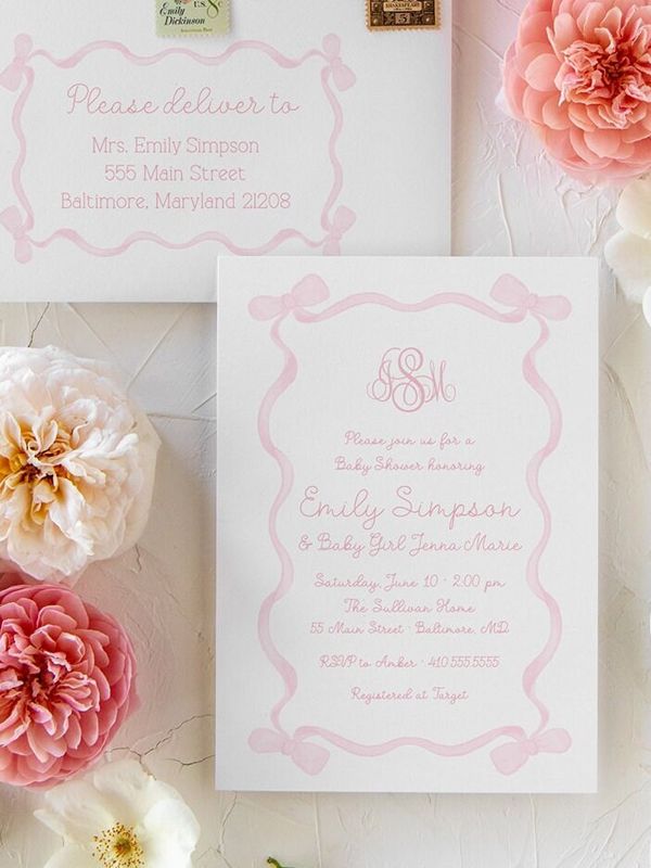 Girl Baby Shower Invitations, Baby Girl Sprinkle Invitation, Pink Bow Monogram, Classic Pink and White, Grandmillenial Sip and See (10 printed invitations | Plain White Envelopes)