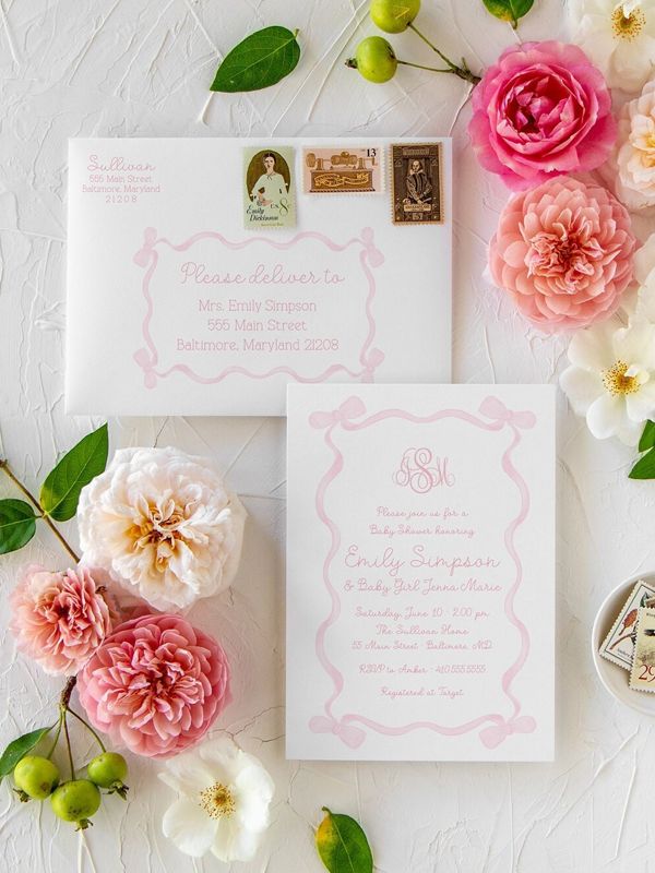 Girl Baby Shower Invitations, Baby Girl Sprinkle Invitation, Pink Bow Monogram, Classic Pink and White, Grandmillenial Sip and See (10 printed invitations | Plain White Envelopes)